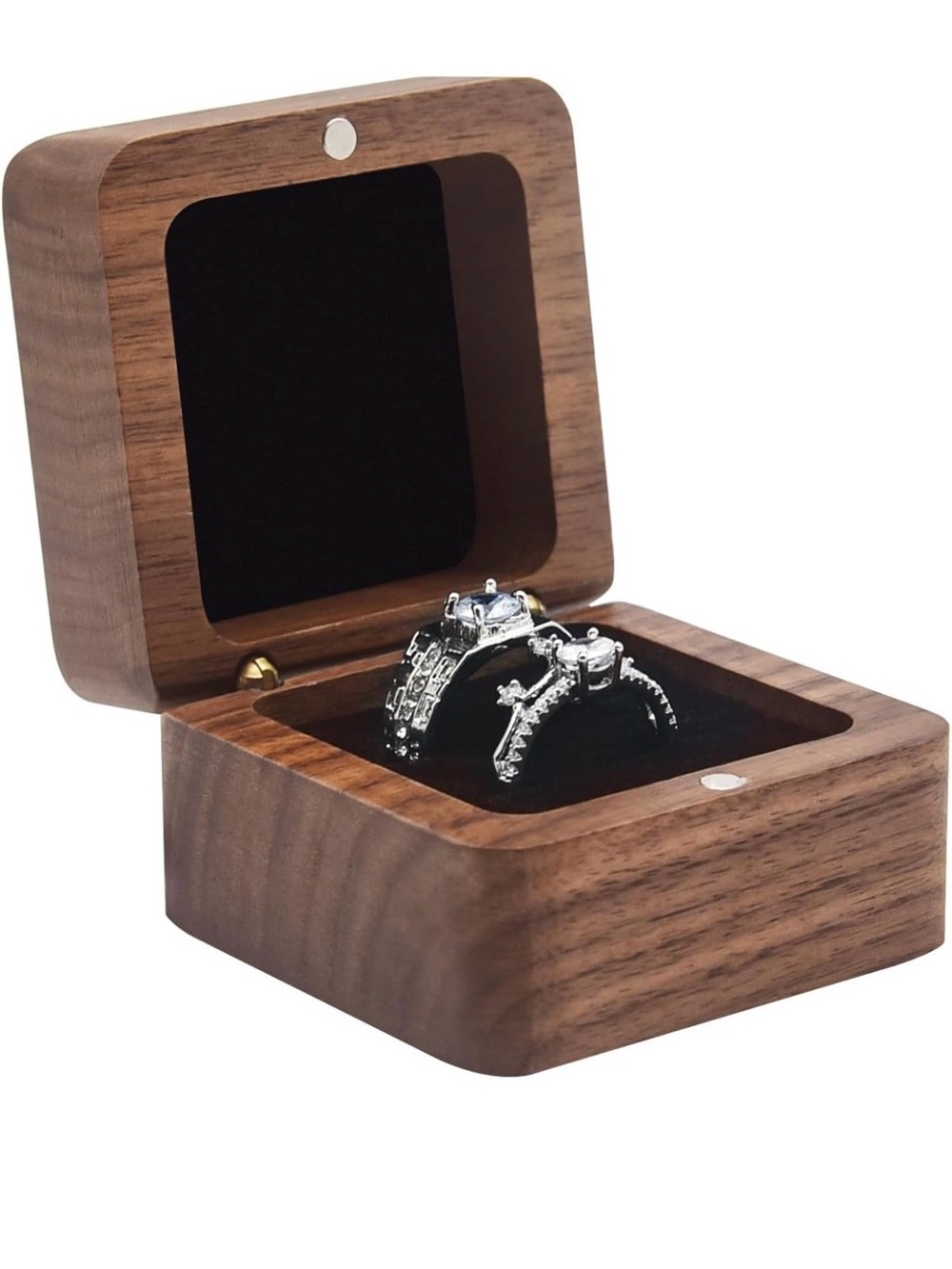 Amazon Silver Crystal Wedding Ring Set in Wooden Jewelry Box